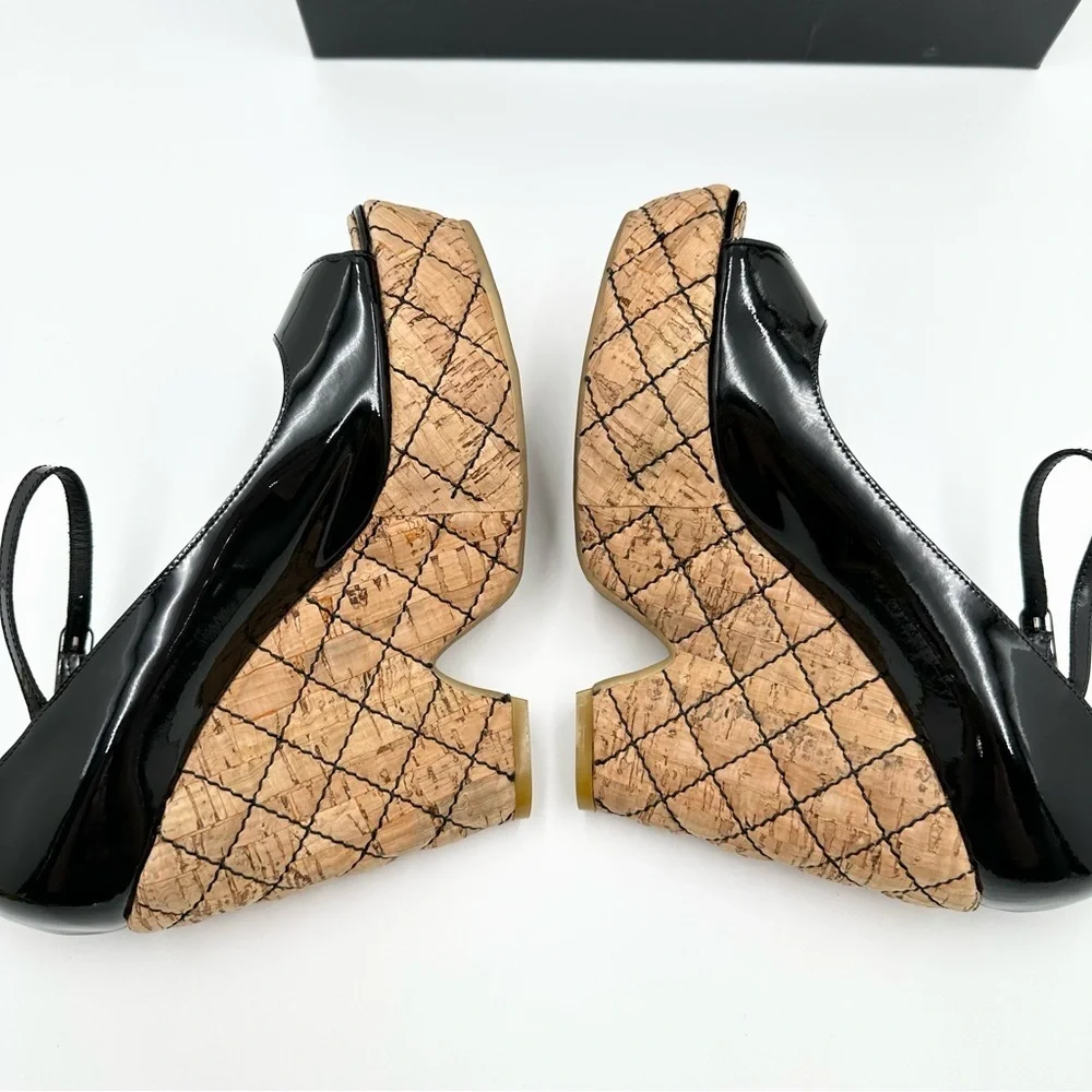 Chanel Black Patent Leather Quilted Cork Platform Peep Toe Heels